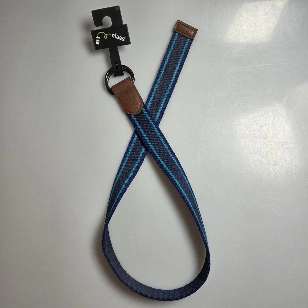 Art Class Boys Striped Webbed D-Ring Belt Navy Blue Brown Trim Size Medium NWT